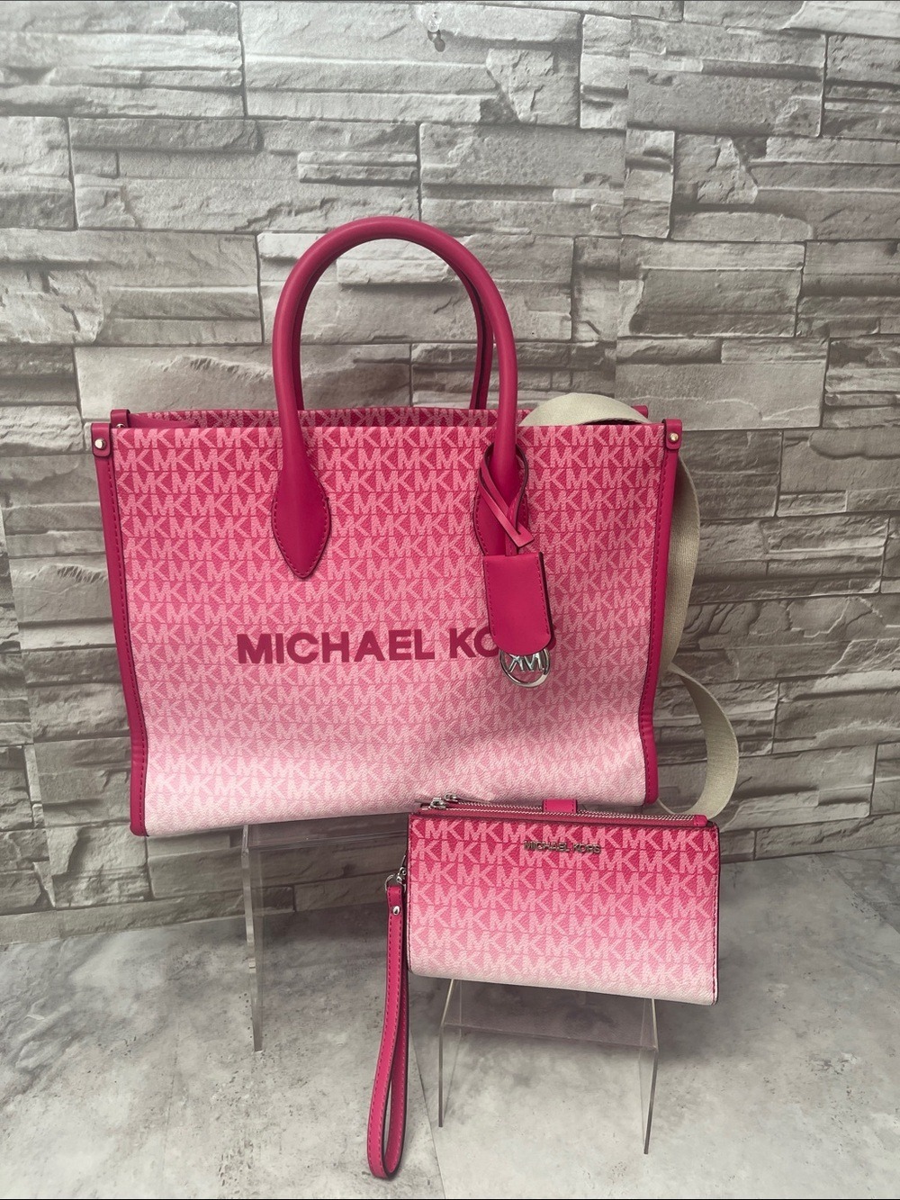 Michael Kors Mirella Medium Ombre Signature Tote & Matching Wallet Dragonfruit